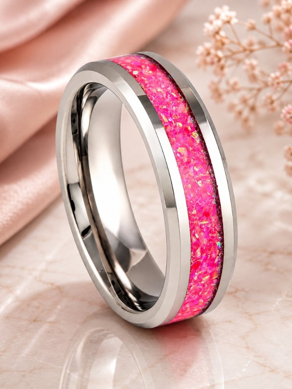 Silver Tungsten Ring with Crushed Pink Opal Inlay - GALTUN1112-6